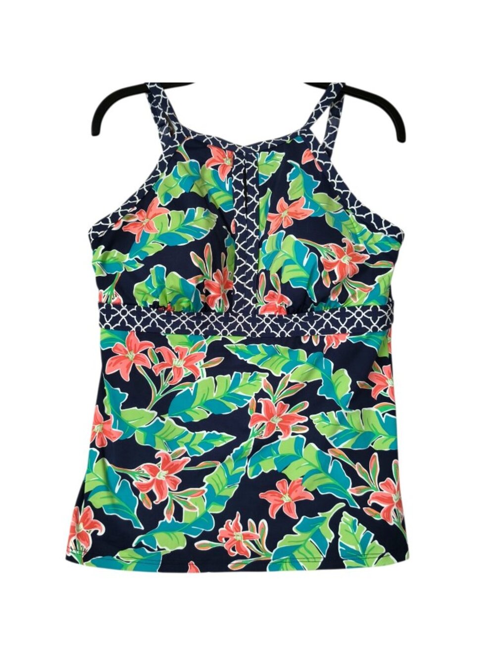 Lands End Size 10 Womens Tankini Swimsuit Top Navy Floral High Neck Modest